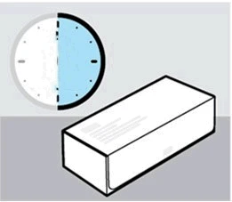 Ilustración de un reloj circular con mitad de esfera blanca y mitad azul junto a una caja rectangular blanca sobre fondo gris
