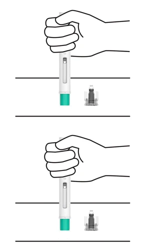Dibujo técnico que muestra una mano que sostiene una pluma inyectora blanca y verde sobre un frasco de vidrio para la