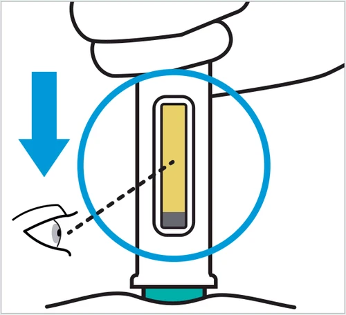 Diagrama esquemático de un dispositivo médico con una flecha azul dirigida hacia abajo y un ojo que observa el nivel del líquido amarillo interno
