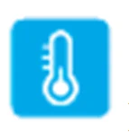 Icono blanco de un termómetro sobre fondo cuadrado azul que indica la temperatura