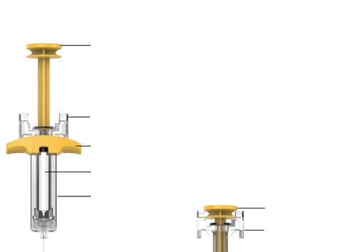 Diagrama técnico de una jeringa precargada con émbolo amarillo y cuerpo transparente con líneas de referencia negras horizontales