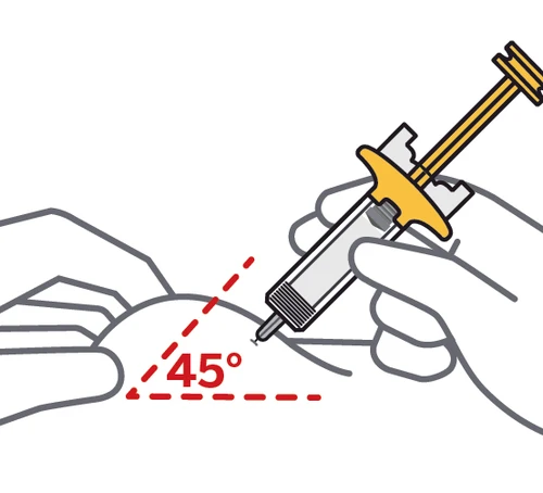 Ilustración de una mano que sostiene una jeringa para inyectar un medicamento en la piel con un ángulo de 45 grados indicado por una línea roja