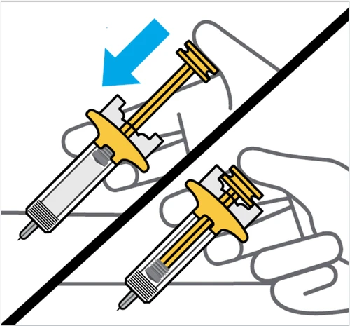 Diagrama que muestra dos manos que sostienen jeringas con aguja, divididas por una línea diagonal negra con una flecha azul en la esquina superior izquierda