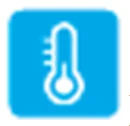 Icono blanco de un termómetro con escala graduada sobre fondo cuadrado azul con esquinas redondeadas