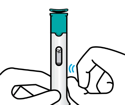 Ilustración de una mano que sostiene un dispositivo médico cilíndrico blanco y verde con una pequeña ventanilla transparente central