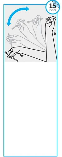 Sequenza di disegni che mostra il movimento rotatorio di una mano che tiene una siringa per 15 secondi con una freccia blu curva