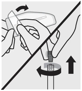 Disegno tecnico che mostra due mani che aprono un dispositivo medico e una mano che inserisce un componente con una freccia verso l'alto
