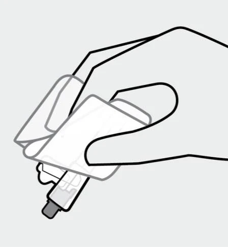Disegno lineare di una mano che impugna e tiene saldamente un dispositivo medico a forma di penna per l'iniezione