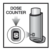 Diagram showing a dose counter on a cylindrical medical device with an inset highlighting the number 60 on a digital display