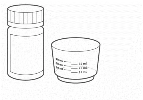 Line drawing of a vial with a screw cap next to a graduated measuring cup with markings at 15, 25, 30, and 40 ml