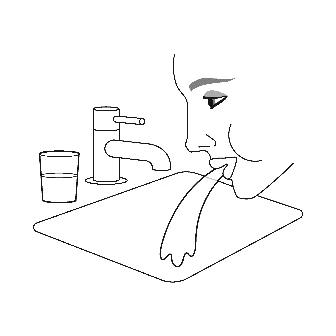 Disegno lineare di un volto che assume una compressa dalla bocca con un bicchiere d'acqua accanto su una superficie piana