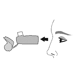 Disegno schematico di un profilo umano che tiene un inalatore vicino al naso e alla bocca indicato da una freccia nera verso il viso