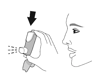 Disegno lineare di una mano che preme un dispositivo medico verso il viso indicato da una freccia nera rivolta verso il basso