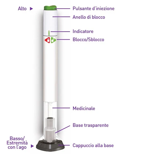 Diagramma di un dispositivo medico con etichette che indicano pulsante d'iniezione, anello di blocco, indicatore, blocco/sblocco, medicinale e base