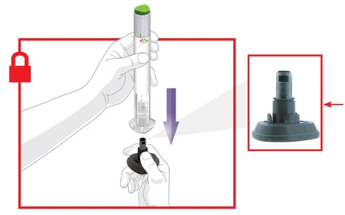 Una mano impugna un dispositivo medico bianco e grigio per inserirlo su una base nera circolare indicata da una freccia viola verso il basso
