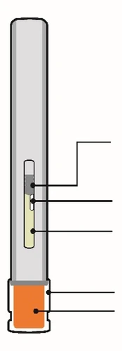 Vertical diagram of a medical injection pen with reference lines indicating the various parts of the device and the internal liquid