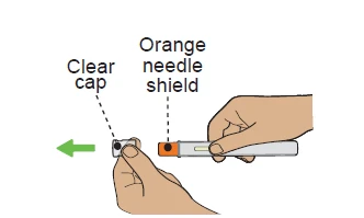 Two hands operating a medical device with a transparent cap and orange protection of the