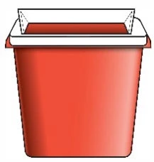 Red rectangular container with white lid and a white upper insert for disposal of medical waste