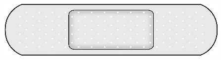 Rectangular adhesive bandage with rounded ends and a padded central area featuring small white dots on a light gray background