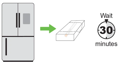 Diagram showing a refrigerator, a green arrow pointing to a medication box, and a timer with the text 'Wait 30 minutes'