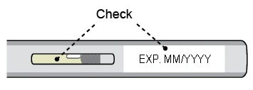 Diagram of a medical container with a window showing the fluid level and an