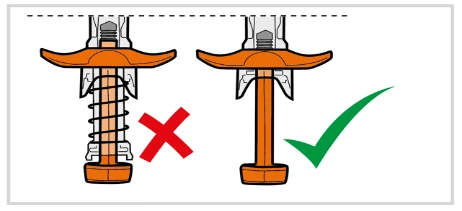 Diagram showing two orange medical devices, with a red cross next to the one with a visible spring and a green checkmark next to the one without a spring