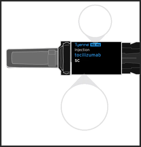 Tyenne 162 mg injection pen with tocilizumab for subcutaneous injection on a white background with blurred circular graphic elements