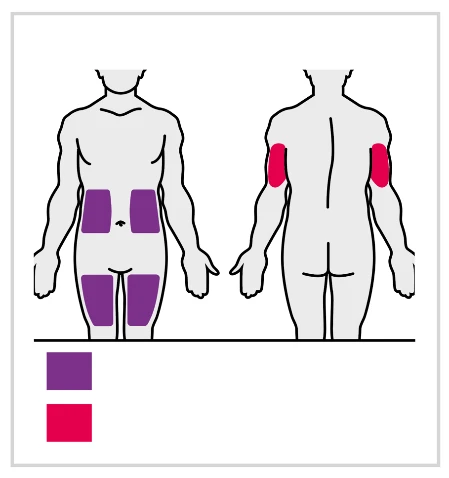 Human body diagram showing purple-colored application zones on the