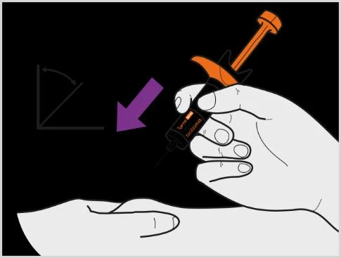 A hand holds an orange and black syringe angled downward, injecting medication into the skin surface of the arm