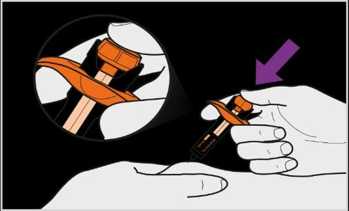 Hands holding a medical auto-injector, with an enlarged detail of the orange upper part and the tip of the