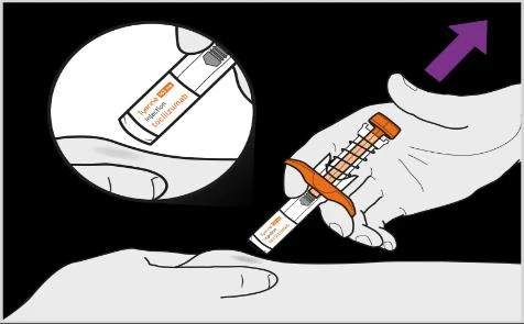 A hand holds a pre-filled syringe for a