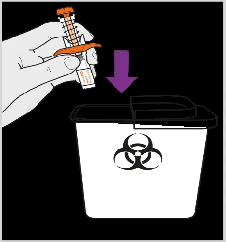 A hand holds an orange and white medical device above a disposal container with a biohazard symbol indicated by a purple arrow