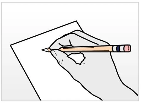A hand holds a beige pencil and writes on a tilted white sheet of paper against a neutral background