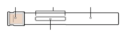 Technical diagram of a cylindrical medical device with indicators and viewing windows for monitoring drug level