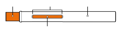 Technical diagram of a cylindrical medical device with an orange section on the left and a central window showing orange content