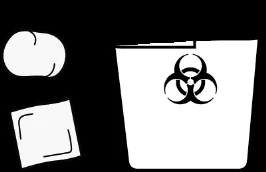 White biohazard waste container with biohazard symbol next to a cap and a tissue on a black background