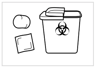 Black and white drawing of a biohazard waste container with biohazard symbol, a cotton swab, and a square adhesive bandage