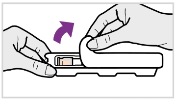 Two hands lift a white lid from a rectangular container, with a curved purple arrow indicating the upward movement