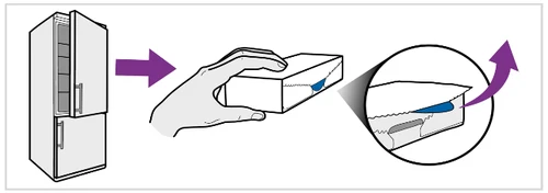 A hand removes a box from a refrigerator, and an enlarged detail shows the