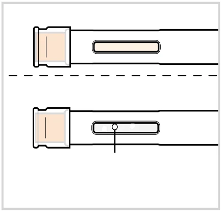 Medical diagram showing two horizontal syringes with a central dashed line and an air bubble in the