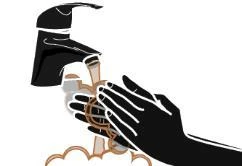 Stylized illustration of two hands being washed under an open tap with soap foam for