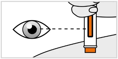 Schematic drawing showing a human eye aligned via a dashed line to a vertical medical device with an orange section