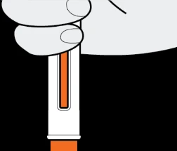 A gloved hand holds an injection pen vertically with an orange dose indicator visible through a transparent window
