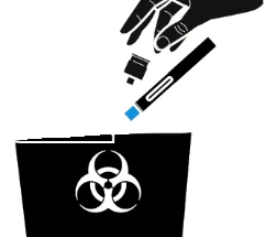 A hand holds an injection pen above a black container with a biohazard symbol for disposal of medical waste