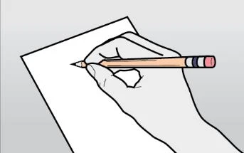 A right hand holds a colored pencil to write on a white sheet of paper resting on a gray surface