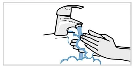 Stylized drawing of two hands being washed under an open tap with running water and white and blue soap foam