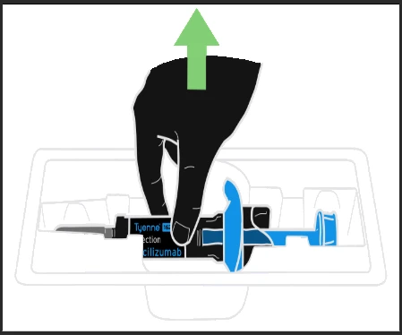A black hand lifts a pre-filled syringe labeled tocilizumab from a white tray, following the direction of a green arrow pointing toward the