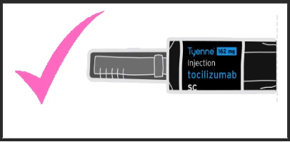 Pink checkmark next to a pre-filled 162 mg Tyenne tocilizumab syringe for subcutaneous injection on a white background