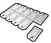 Blister di medicinali con otto cavità ovali grigie disposte su due file e una singola compressa separata in primo piano su sfondo bianco