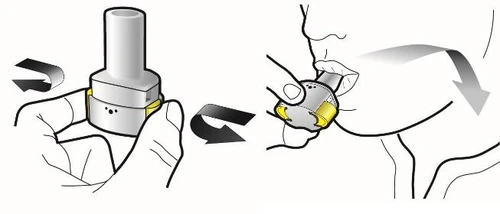 Disegno tecnico che mostra come ruotare il dispositivo medico con le mani e inserirlo poi in bocca per l'uso terapeutico
